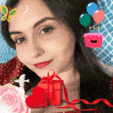 a woman with a birthday cake and balloons around her head