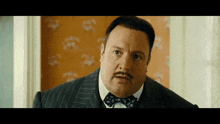 a man wearing a suit and bow tie looks at the camera