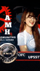 a girl with glasses is smiling in front of a sign that says a m h