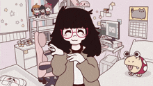 a cartoon drawing of a girl in a room with a cat on the wall