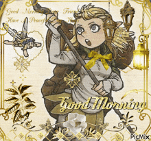 a picture of a girl holding a sword with the words good morning on it