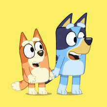 a blue and orange cartoon dog standing next to each other on a yellow background