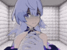 a cartoon girl with purple hair is standing in a room with a person holding her head .