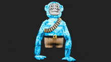 a blue monkey with a belt around his waist has a smiley face drawn on his face