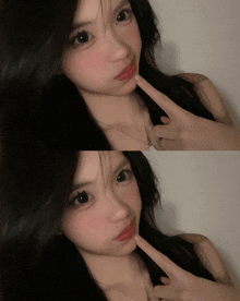 a girl with long black hair is taking a selfie with her finger to her face