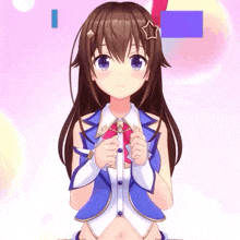 a girl in a blue and white outfit with a star on her hair