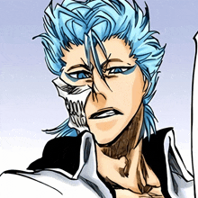 a drawing of a man with blue hair and a skull in his mouth