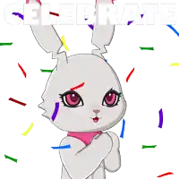 a cartoon of a white rabbit with the words celebrate behind it