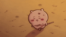 a cartoon drawing of a bear holding a stick with the letters aw on its face
