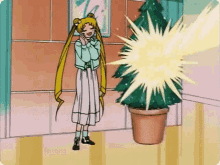 a cartoon of a girl standing next to a potted christmas tree