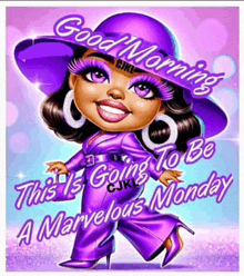 a cartoon of a woman wearing a purple hat and a purple dress is going to be a marvelous monday