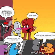 a group of cartoon characters with speech bubbles including one that says " ten is fucking dead "