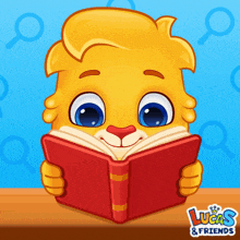 a cartoon of a lion reading a book with lucas & friends written on the bottom right