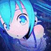 a close up of a blue haired anime girl with blue eyes .
