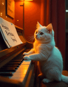a white cat sits at a piano with a happy birthday card on the keyboard