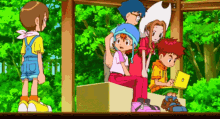 a group of cartoon characters are gathered under a canopy in the woods