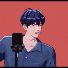 a cartoon character is talking into a microphone