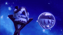 a cartoon character in a tuxedo and top hat stands next to a bubble with a shark face on it