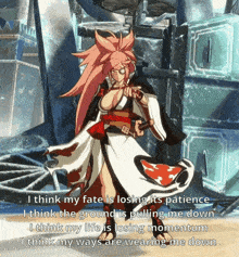 a video game character is holding a sword and says " i think my fate is losing its patience "