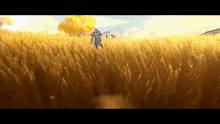 a video game character is walking through a field of tall grass