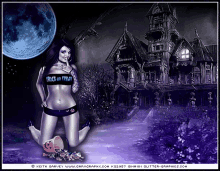 a picture of a woman kneeling in front of a haunted house that says trick or treat