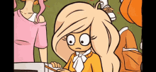 a cartoon of a girl sitting at a desk