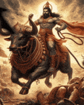 a man is riding a bull in a painting