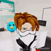 a person in a video game with a blue bird on their shoulder and the words corporate team on the bottom