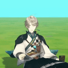 a 3d animated character is sitting on a bench in a field .