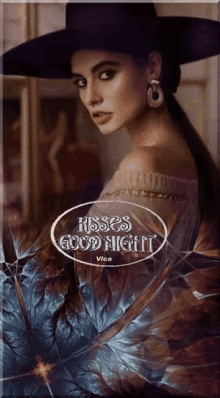 a picture of a woman with the words kisses good night on the bottom