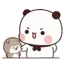 a panda bear is petting a small dog on the cheek .