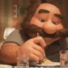 a cartoon character with a mustache is sitting at a table with a plate of food