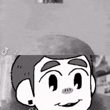 a black and white drawing of a cartoon character with a hamburger in the background .