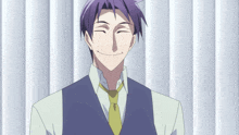 a man with purple hair wearing a vest and tie