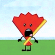 a cartoon drawing of a red fan with arms and legs holding a yellow ruler