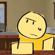 a cartoon character with an angry face is sitting on a table in front of a sink