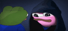 a green frog is standing next to a pink frog wearing a black hoodie