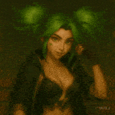 a girl with green hair has a lightning bolt tattoo on her face