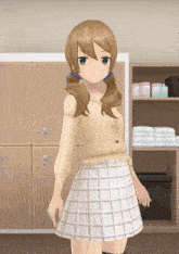 a girl in a plaid skirt is standing in front of a row of wooden lockers