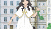 a girl in a white cape is holding a green bottle with a label that says ' aa '