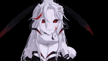 a cartoon character with white hair and red eyes has a flower in her hair