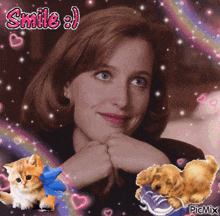 a picture of a woman with a cat and a dog with the caption smile