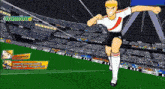 a soccer player is jumping in the air in a stadium