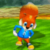 a cartoon squirrel wearing a blue jacket with the number 8 on it