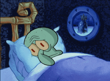 a cartoon of squidward from spongebob sleeping in a bed