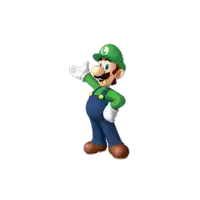 a cartoon character wearing overalls and a green hat with a letter l on it