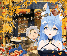 a cartoon of a girl with blue hair is surrounded by autumn leaves and says pysznej herbatki