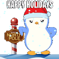 a penguin wearing a santa hat is standing next to a sign that says welcome to the north pole
