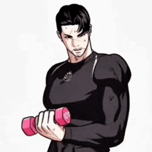 a cartoon of a man holding a pink dumbbell with the number 10 on it .