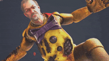 a man with a beard and a yellow and purple outfit is making a funny face